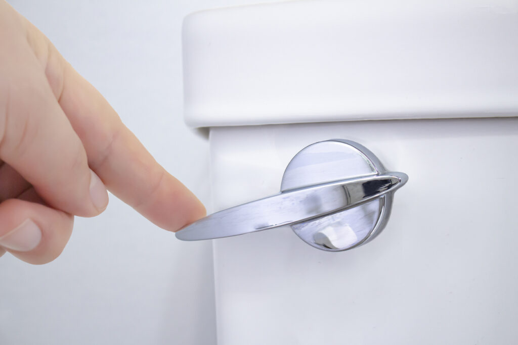 Close view of a person's hand pressing a toilet lever down to flush it.